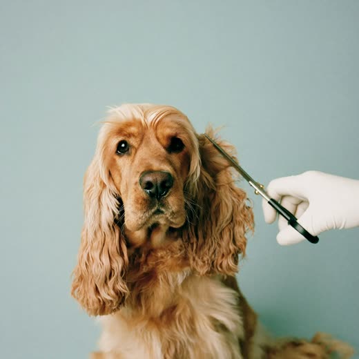 A spaniel having its coat trimmed