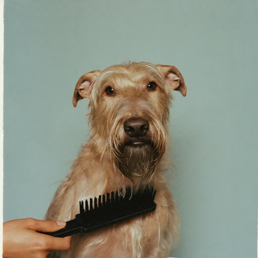 A wire-haired dog being brushed out